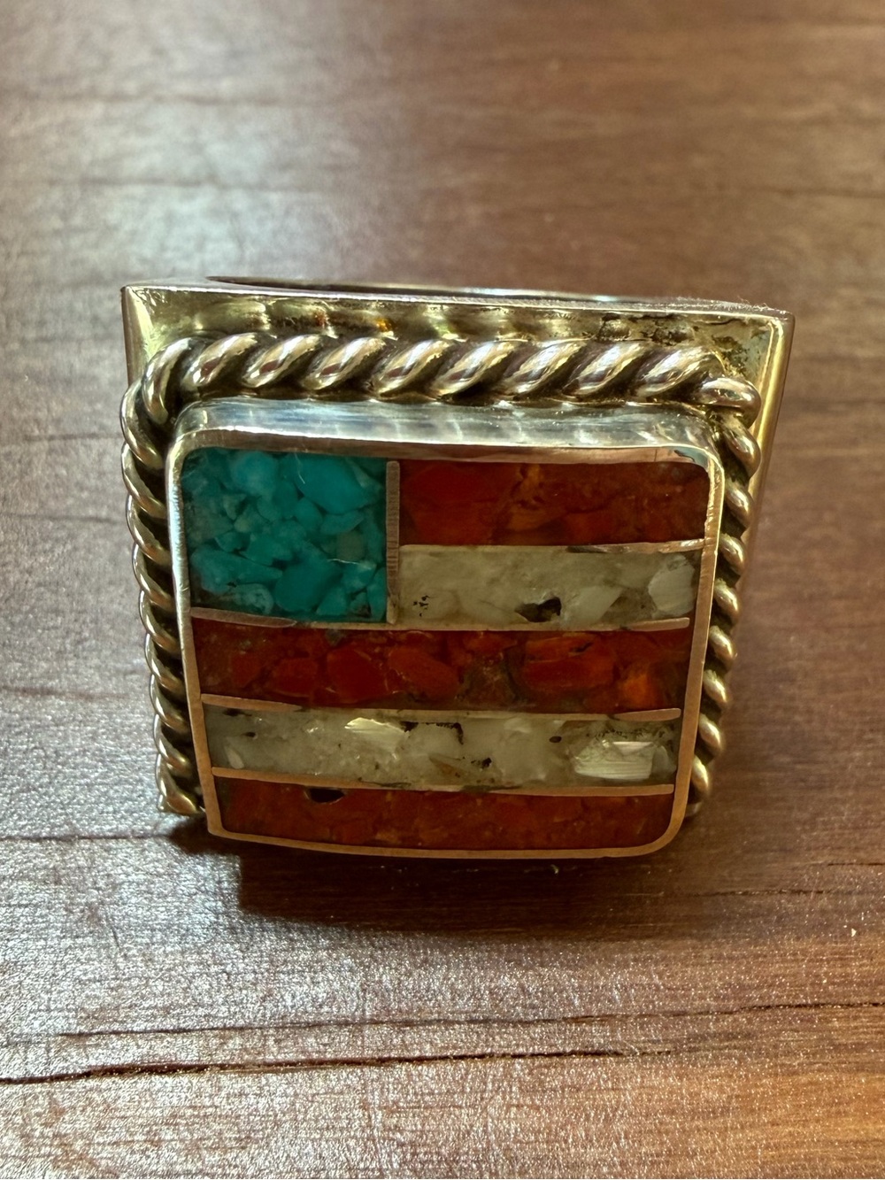 Sterling Inlay American Flag Ring with Turquoise